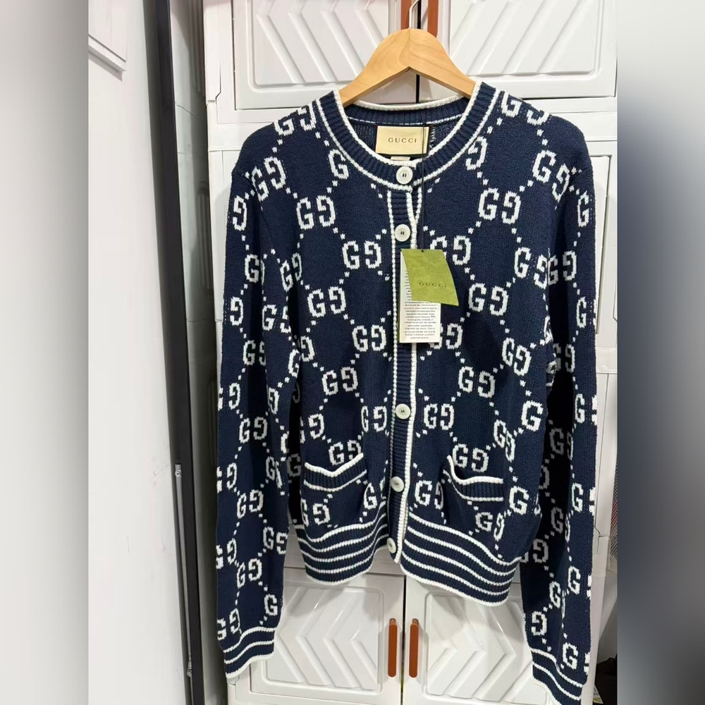 Gucci Navy Blue GG Jacquard Knit Cardigan